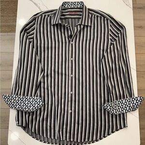Robert Graham Black and White Vertical Stripe Button-Down Shirt, price is firm
